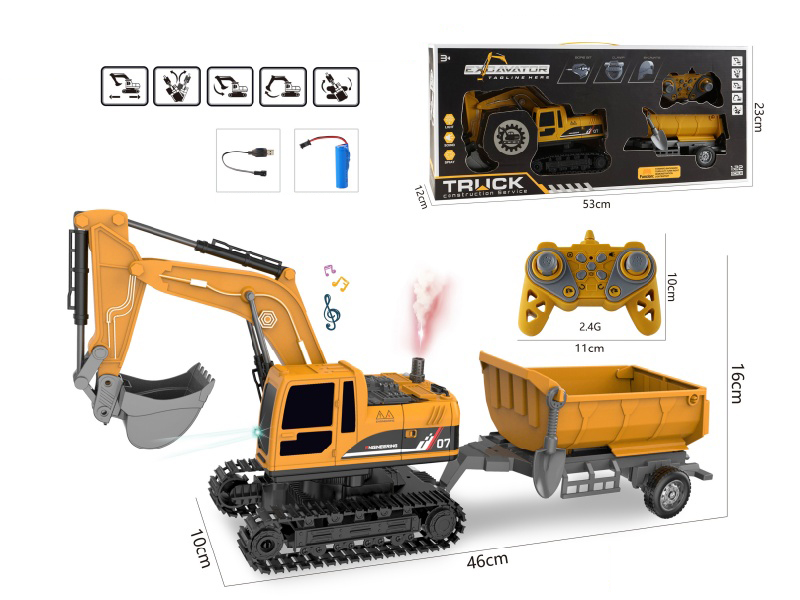 1:22 11CH R/C Excavator With Lights And Music, Spray + Tipping Trailer