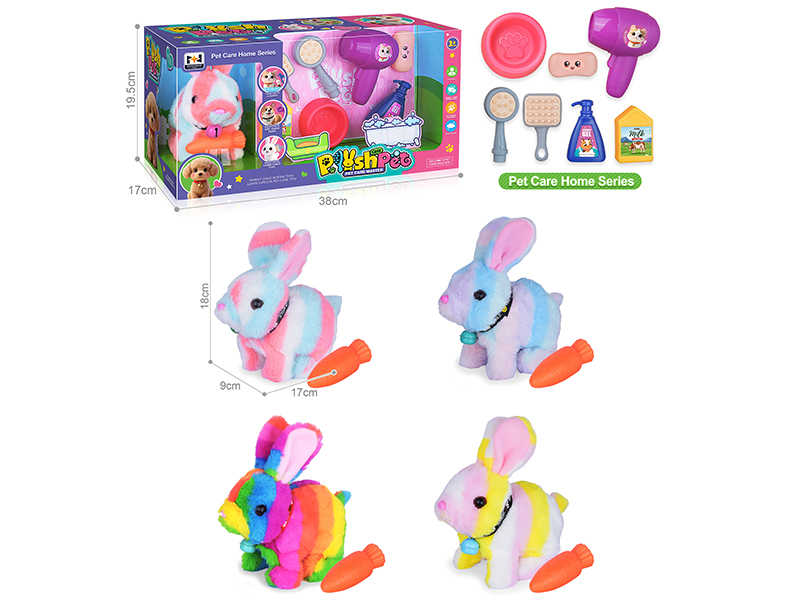 B/O Plush Pet Colorful Rabbit Pet Care Home Set