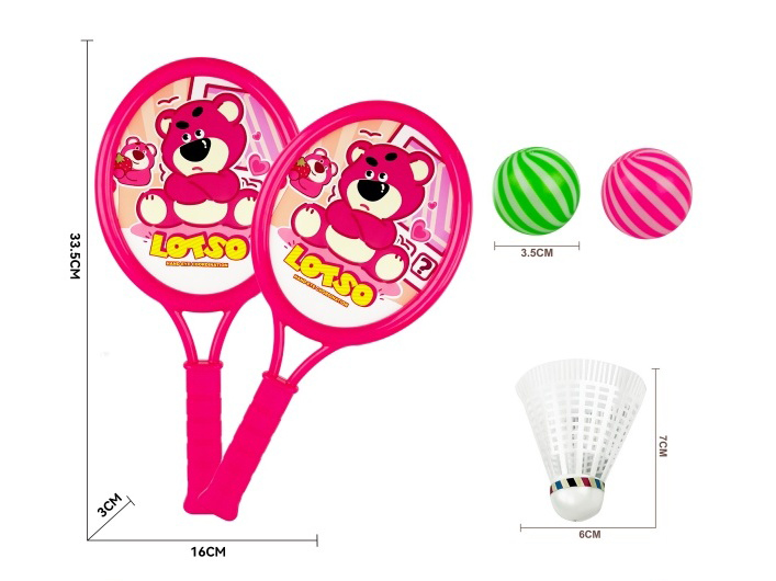A Small Oval-Shaped Strawberry Bear Racket, With 2 Table Tennis Balls And 1 Badminton Ball