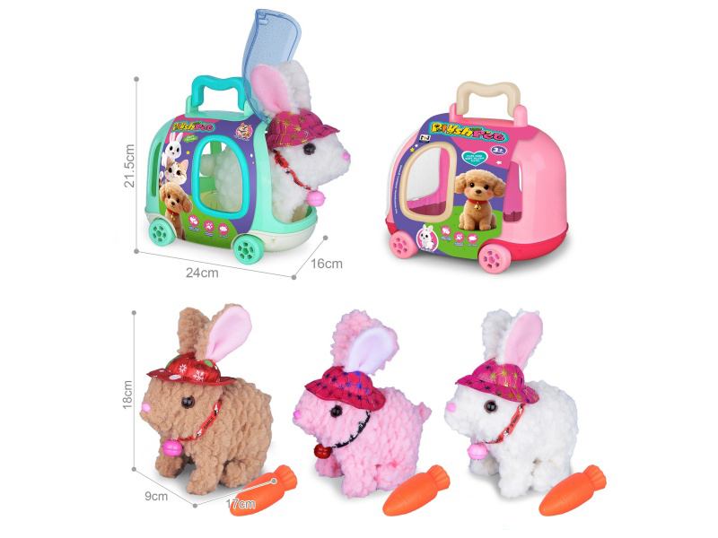 B/O Simulated Plush Pet Rabbit With Bell + Hat + Carrot + Pet Cage