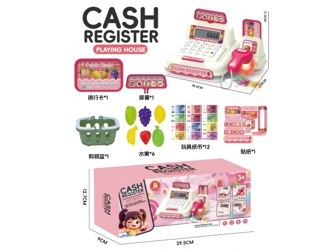 Cash Register Pink + Shopping Basket Of Fruits (With Display Screen And Calculator Function)