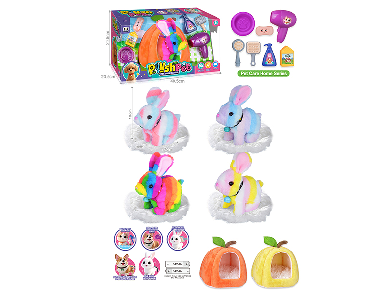 B/O Simulated Plush Pet Rabbit Large Rabbit House Pet Care Home Set