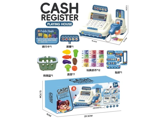 Cash Register In Blue + Shopping Basket With Vegetables (With Display Screen And Calculator Function