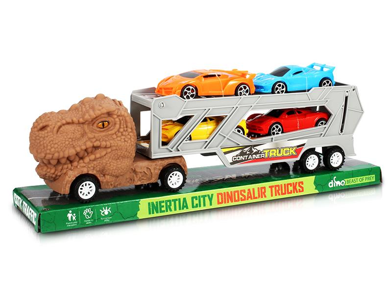 Friction Dinosaur Transport Truck With 4 Sports Cars
