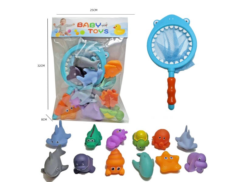 Shark Fishing Net + Soft Rubber Single-Color-Changing Ocean Set (13-Piece Set) Cross-Border Bathroom Fish Fishing Toys, Bathing Toys, Fish Fishing And Bathing Toys, Water Play Children'S Rubber Animal