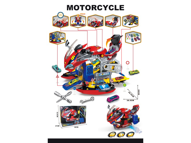 Motorcycle And Car Repair And Assembly Diy- Tracks + Six Alloy Racing Cars + A Set Of City Road Signs (Flame Red)