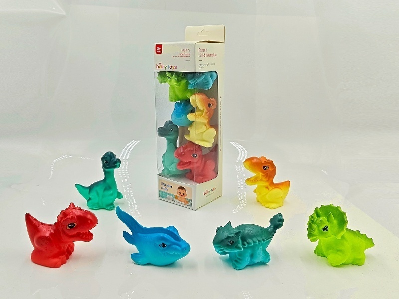 Six rubber-lined water-playing animal dinosaurs in a box