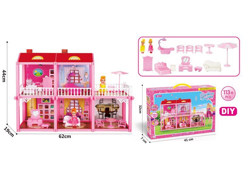 DIY Assembled Villa With Furniture, 2 3-Inch Dolls