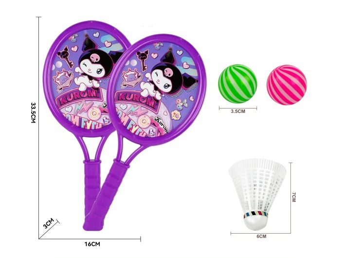A Small Oval-Shaped Kulomi Racket With 2 Table Tennis Balls And 1 Badminton Ball