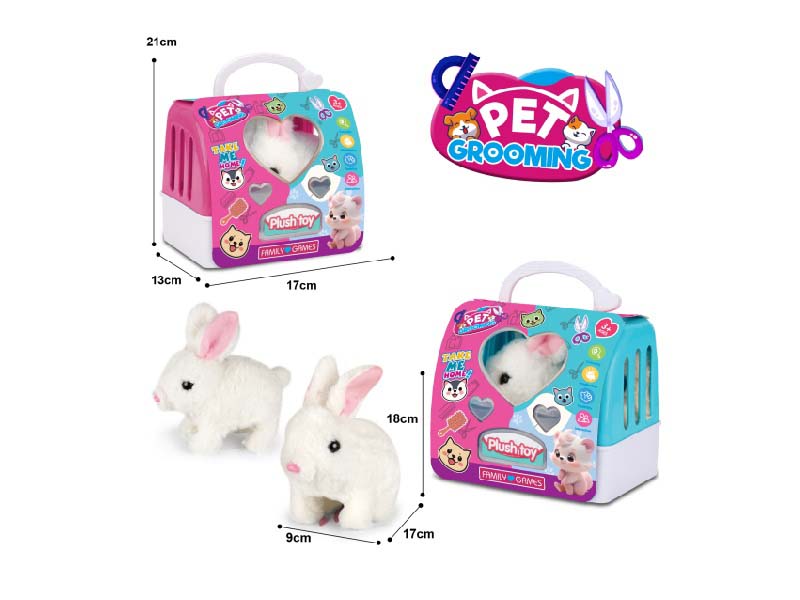 B/O Plush Long-Haired White Rabbit + 2-Color Hand-Held Cage
