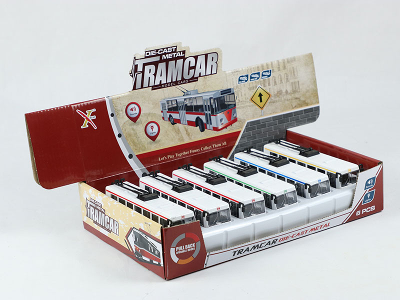 1:90 Pull Back Alloy Tram Car With Sound And Lights, 3 Doors Can Open(6PCS)