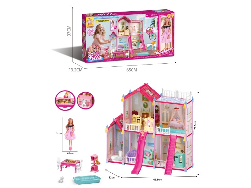 11-Inch Barbie Doll Diy Assembly Villa Playhouse Castle Toys 182Pieces Windowing Large Gift Box