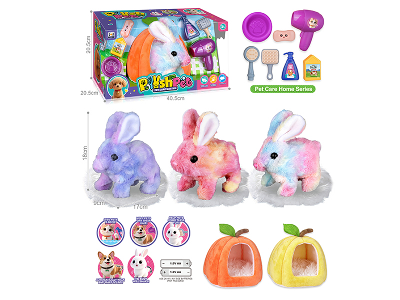 B/O Simulated Plush Pet Colorful Rabbit Large Rabbit House Pet Care Home Set