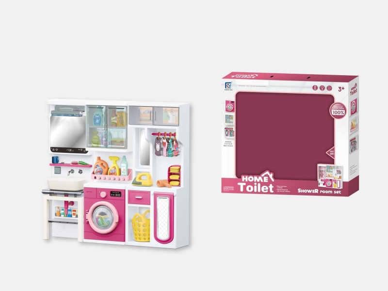 Pink Bathroom House Play Toys - Washbasin + Wardrobe + Ironing Board