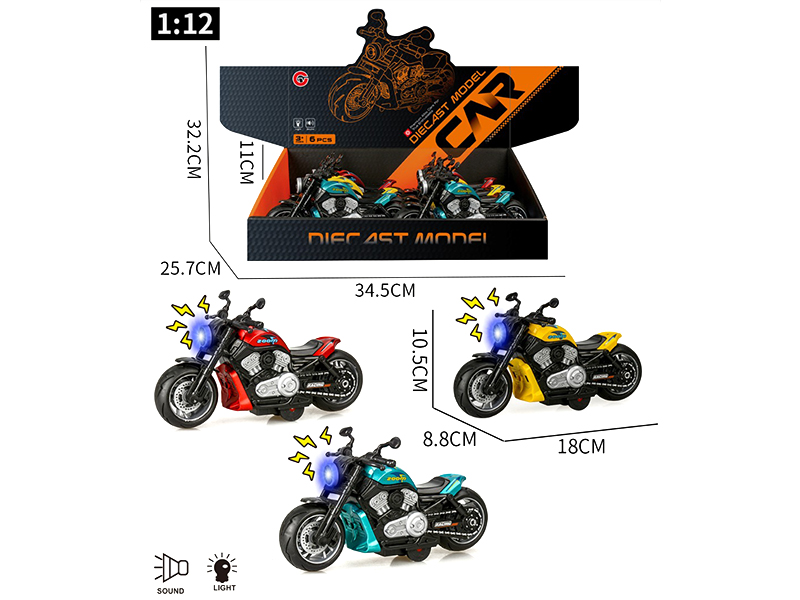 1:12 Friction Alloy Motorcycle With Light And Sound 6pcs