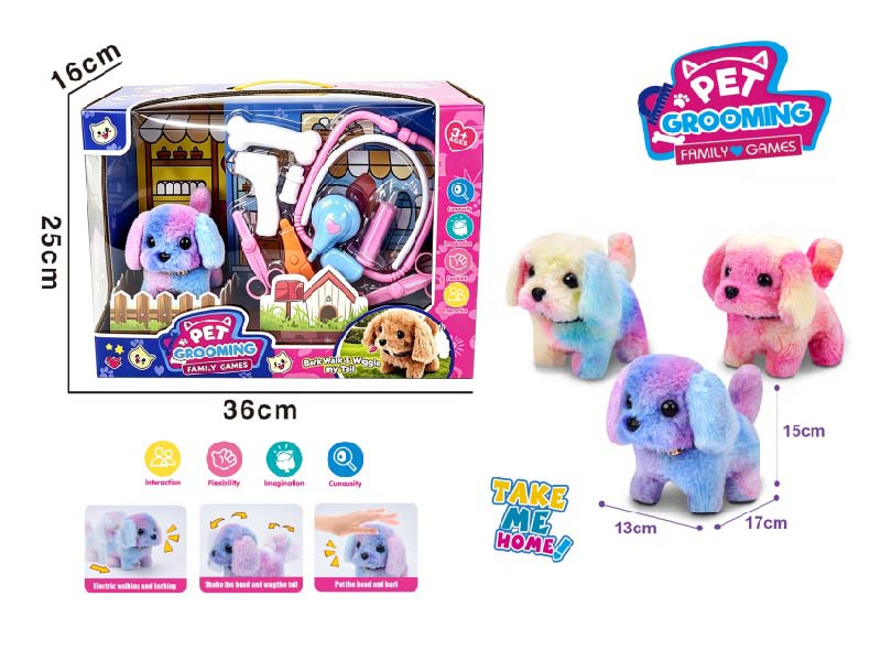 Play House B/O Plush Walking Colorful Dog (Three-Color Mix) Paired With Medical Device Care Set
