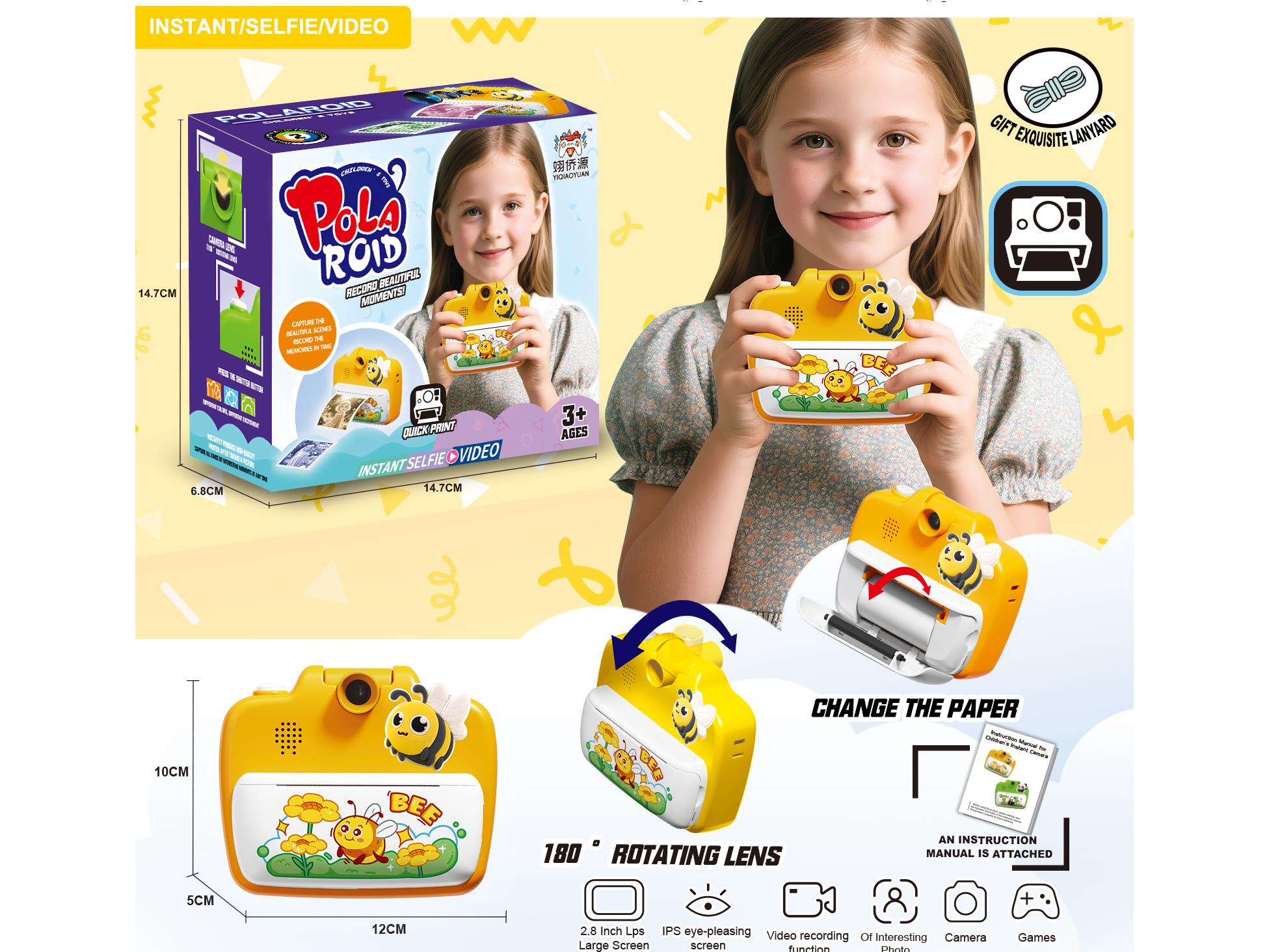 Children'S Flip Polaroid Camera Can Take Photos, Videos And Play Games (In  Shape Of A Bee)
