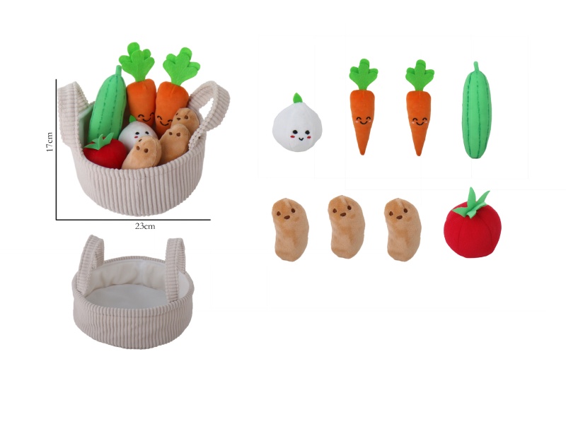 (Hand-Embroidered Garlic, Hand-Embroidered Carrot, Squash, Potato, Tomato) 8-Piece Cloth Basket