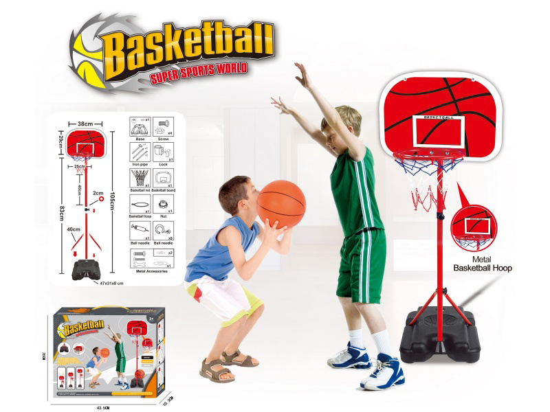 A Vertical Basketball Stand With A Metal Iron Frame, Featuring Two Sections Of Iron Pipes And Square Feet
