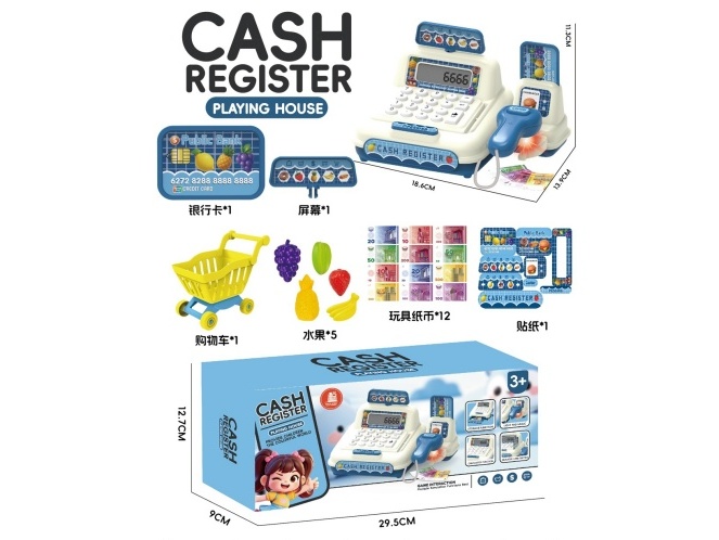 Cash Register In Blue + Shopping Cart With Fruits (With Display Screen And Calculator Function