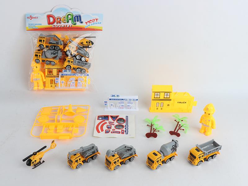 4 Solid Color Slide Engineering Truck + 1 Helicopter + Engineer,House,Gas Station,Guidepost,Tree