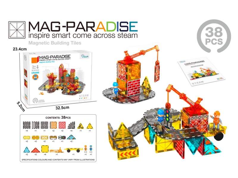 38 Pcs Crane Construction Vehicles – Magnetic Tiles