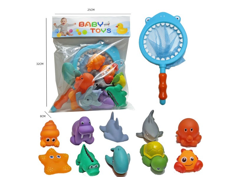 Shark Fishing Net + Soft Rubber Single-Color-Changing Ocean Set (11-Piece Set) Cross-Border Bathroom Fish Fishing Toys, Bathing Toys, Fish Fishing And Bathing Toys, Water Play Children'S Rubber Animal