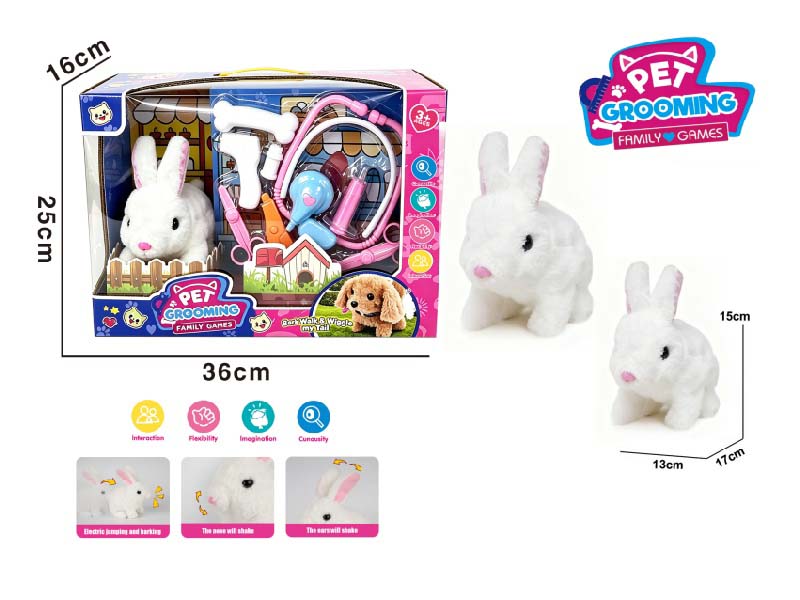 Play House B/O Plush Walking Long White Rabbit (Single Color) Paired With Medical Device Care Set
