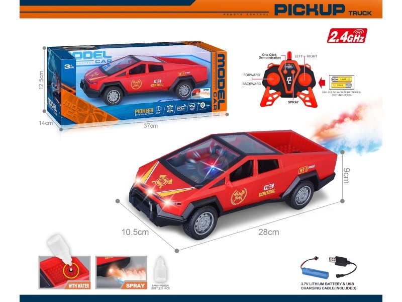 40Mhz 1:14 Six-Channel With Spray Light, One-Click Demonstration, Transparent Window Seat Transfer Printing Tesla Cyber Pickup Remote Fire Engine (Including Battery)