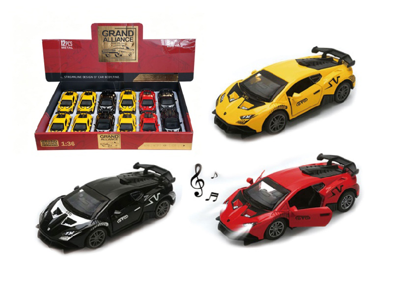 1:36 Huili Alloy Car Model - Big Bull Lanbo Simple Edition Svj With Lights And Music (3-Color Mixed Set) (12 Pieces/Display Box)
