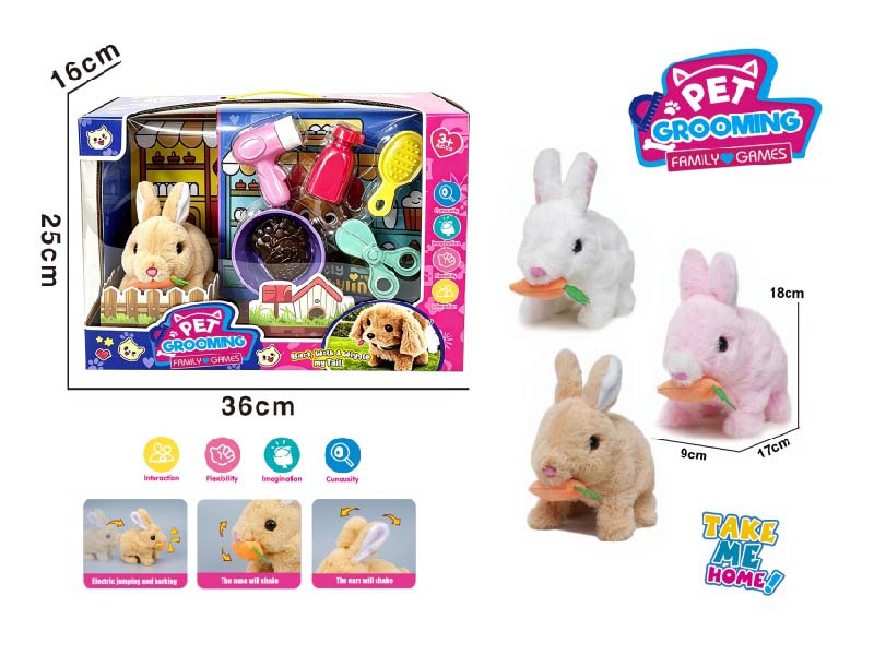 Play House B/O Plush Walking Radish Rabbit (Three-Color Mix) With Washing And Care + Feeding Set