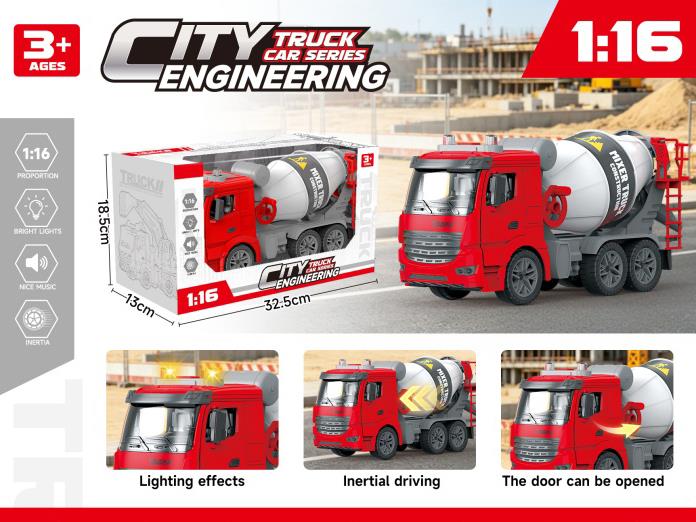 Single-Color 1:16 Solid Color Inertial Door-Opening Engineering Mixer Truck With Lighting And Music (Electric Included)
