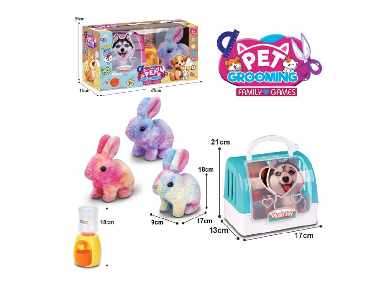 Three Types Of B/O Plush Rabbits Mixed Together + 2-Color Hand-Held Cage + Water Dispenser