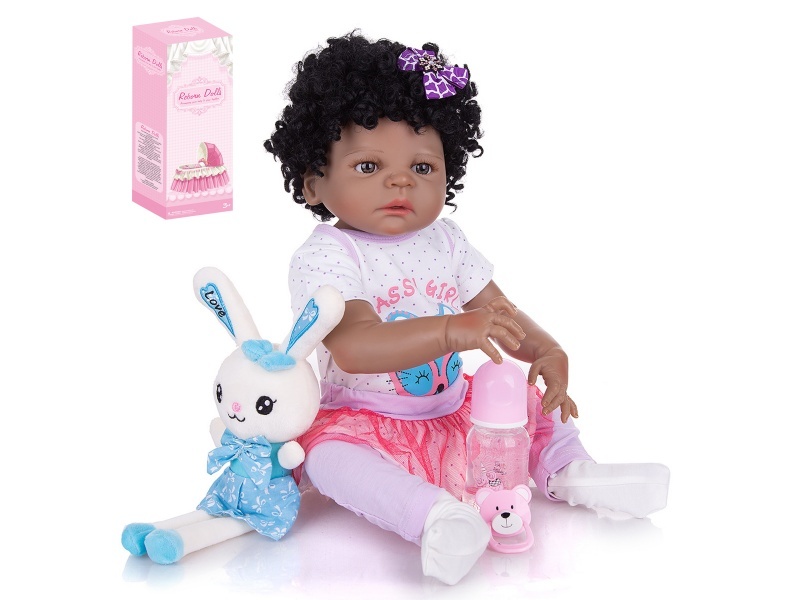 56Cm Rebirth Doll High-Fidelity Baby Doll (Wig) With Baby Bottle, Magnetic Pacifier, Diaper, Birth Card, Plush Rabbit