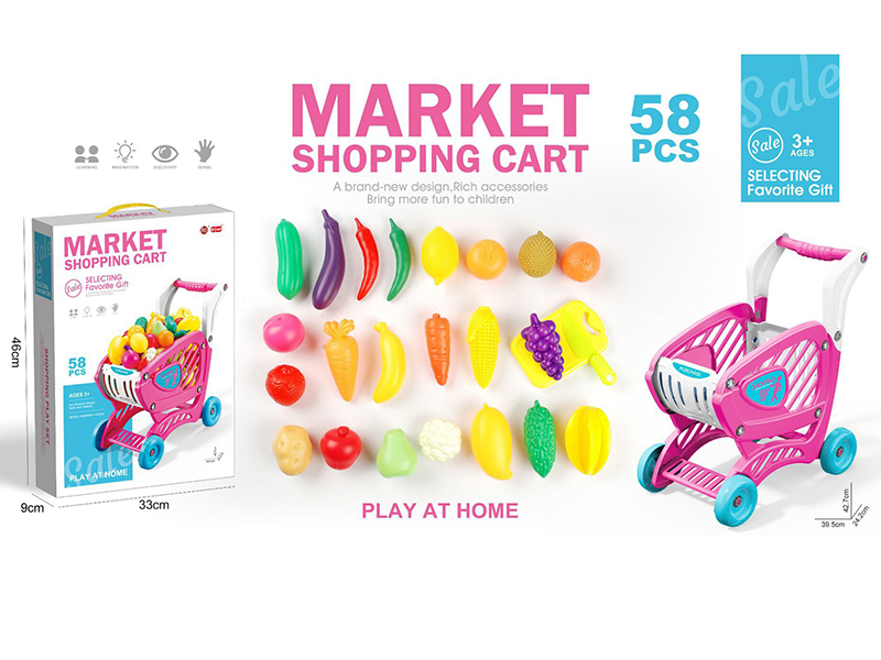 Pink Shopping Cart With Fruits And Vegetables Set 58pcs
