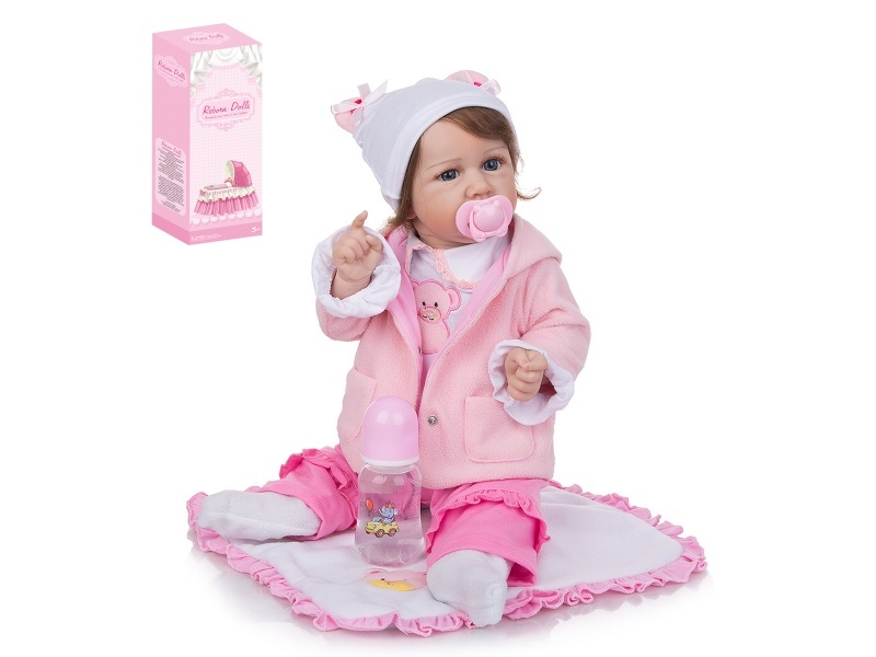 58Cm Reborn Soft Rubber High-Fidelity Baby Doll (Simulated Fetal Hair) With Bottle, Magnetic Pacifier, Diaper, Birth Card