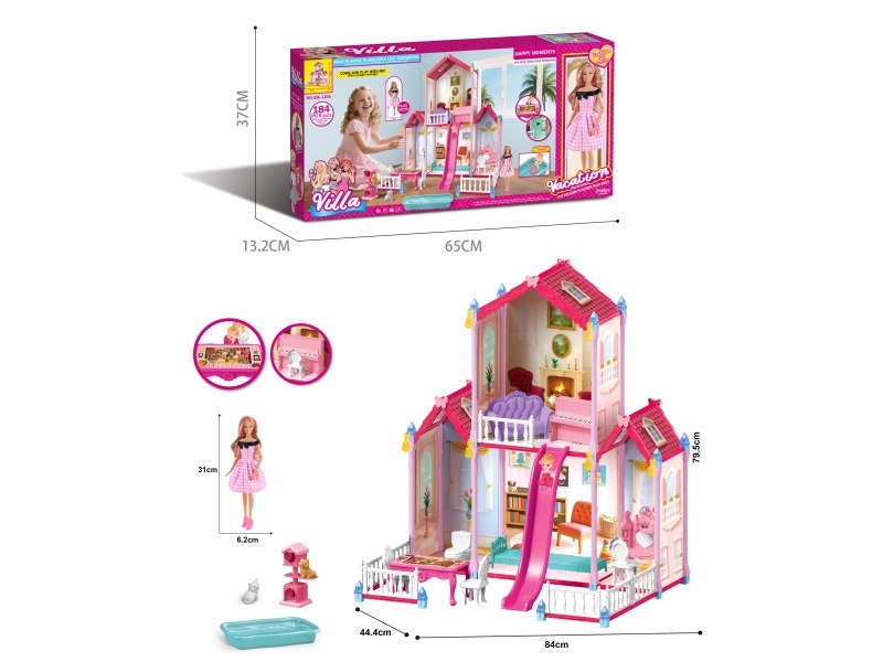 11-Inch Barbie Doll Diy Assembly Villa Playhouse Castle Toy 184Pieces Windowing Large Gift Box