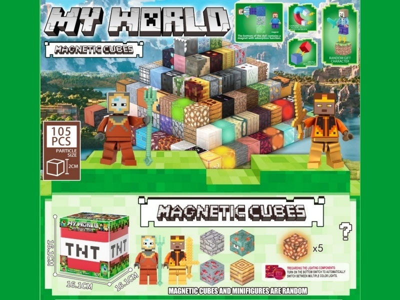 Minecraft TNT Storage Box Magnetic Block Set 105PCS with 5 Glow-in-the-Dark Magnets and 2 Magnetic Figure Blocks