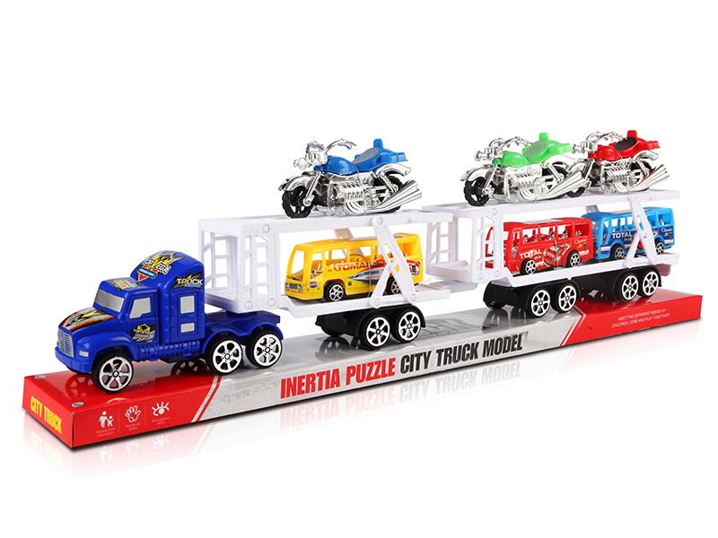 Friction Transport Truck With 3 Harley Motorcycles, 3 Buses