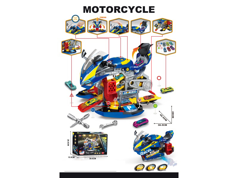Motorcycle And Car Repair And Assembly Diy- Tracks + Six Alloy Racing Cars + A Set Of City Road Signs (Deep Sky Blue)