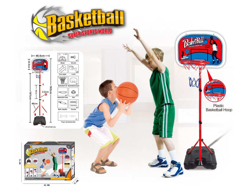 A Plastic-Framed Vertical Basketball Stand With Three Sections Of Iron Pipes And Square Feet