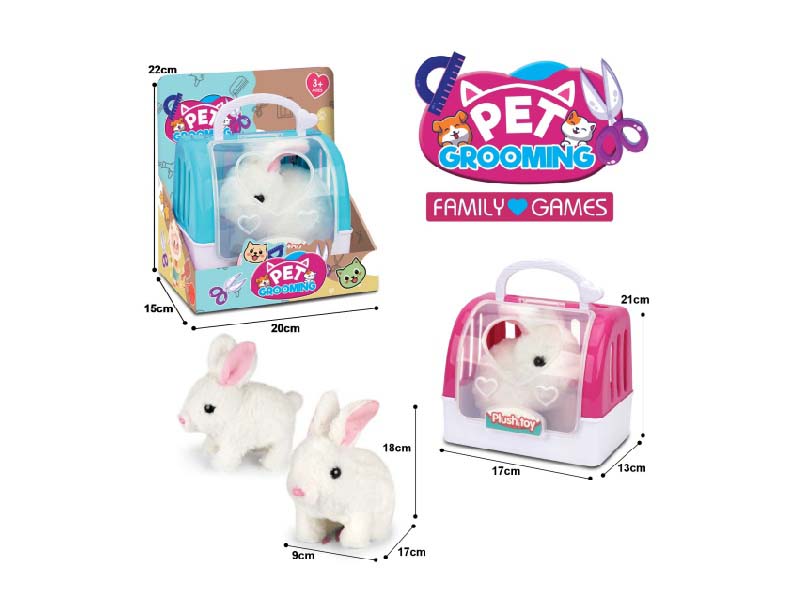 B/O Plush Long-Haired White Rabbit + 2-Color Hand-Held Cage