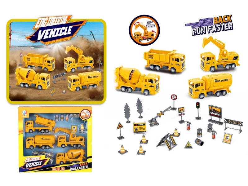 Four Pull-Back Simulation Engineering Vehicles With Road Signs