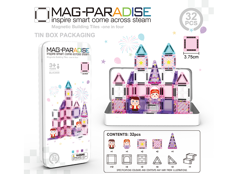 3.75cm Pink Castle Magnetic Building Blocks 32pcs