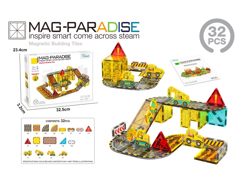 32 Pcs Construction Vehicles – Magnetic Tiles