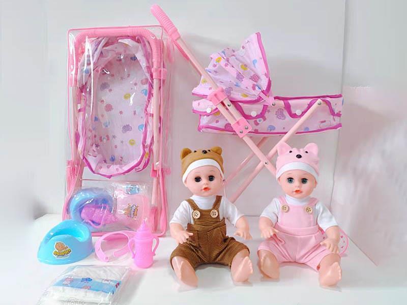 14" Baby Doll With IC(Can Drink Water And Pee) + Iron Stroller, Baby Bottle, Diaper, Plastic Bob, Plastic Potty