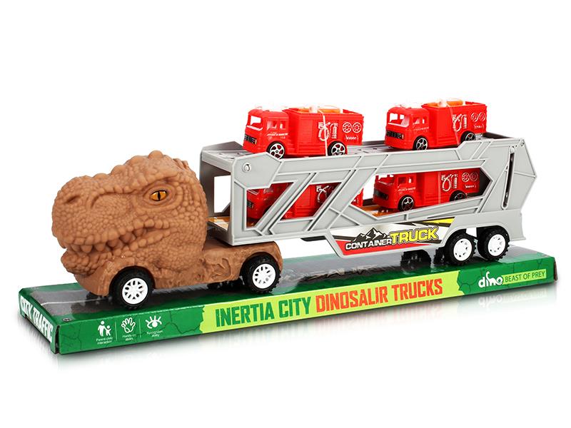 Friction Dinosaur Transport Truck With 4 Fire Engines