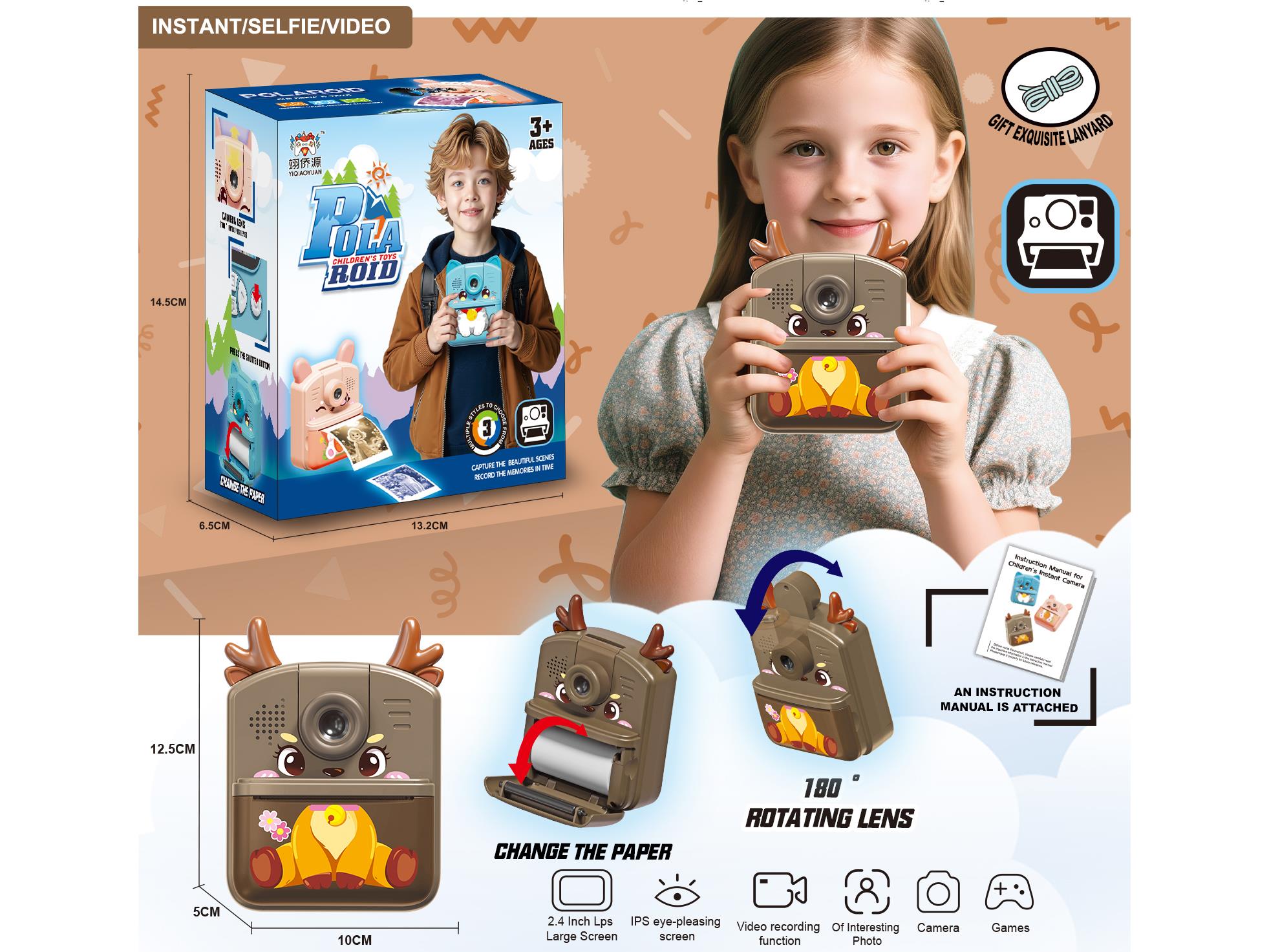 Children'S Flip Polaroid Camera Can Take Photos, Videos And Play Games (In  Shape Of A Deer)