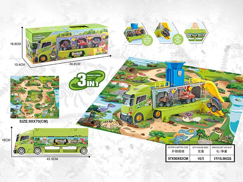3 In 1 Portable Storage Truck With Pull Back Dinosaur Car,Map