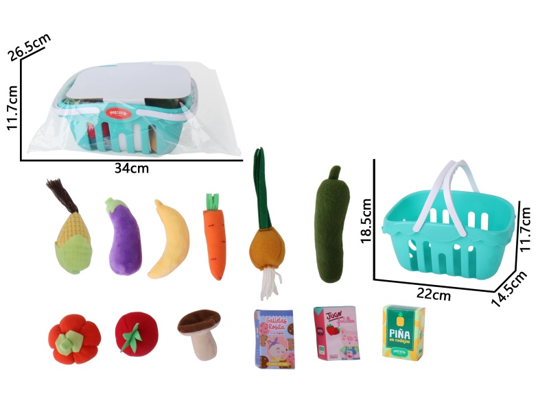 Corn, Garlic, Mushrooms, Zucchini, Pumpkin, Tomato, Eggplant, Banana, Carrot, Basket